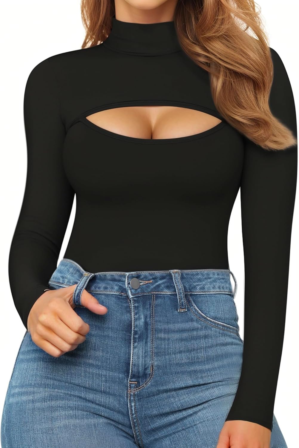 SMZ Mock Neck Cutout Front Top Long Sleeve Bodysuits for Women