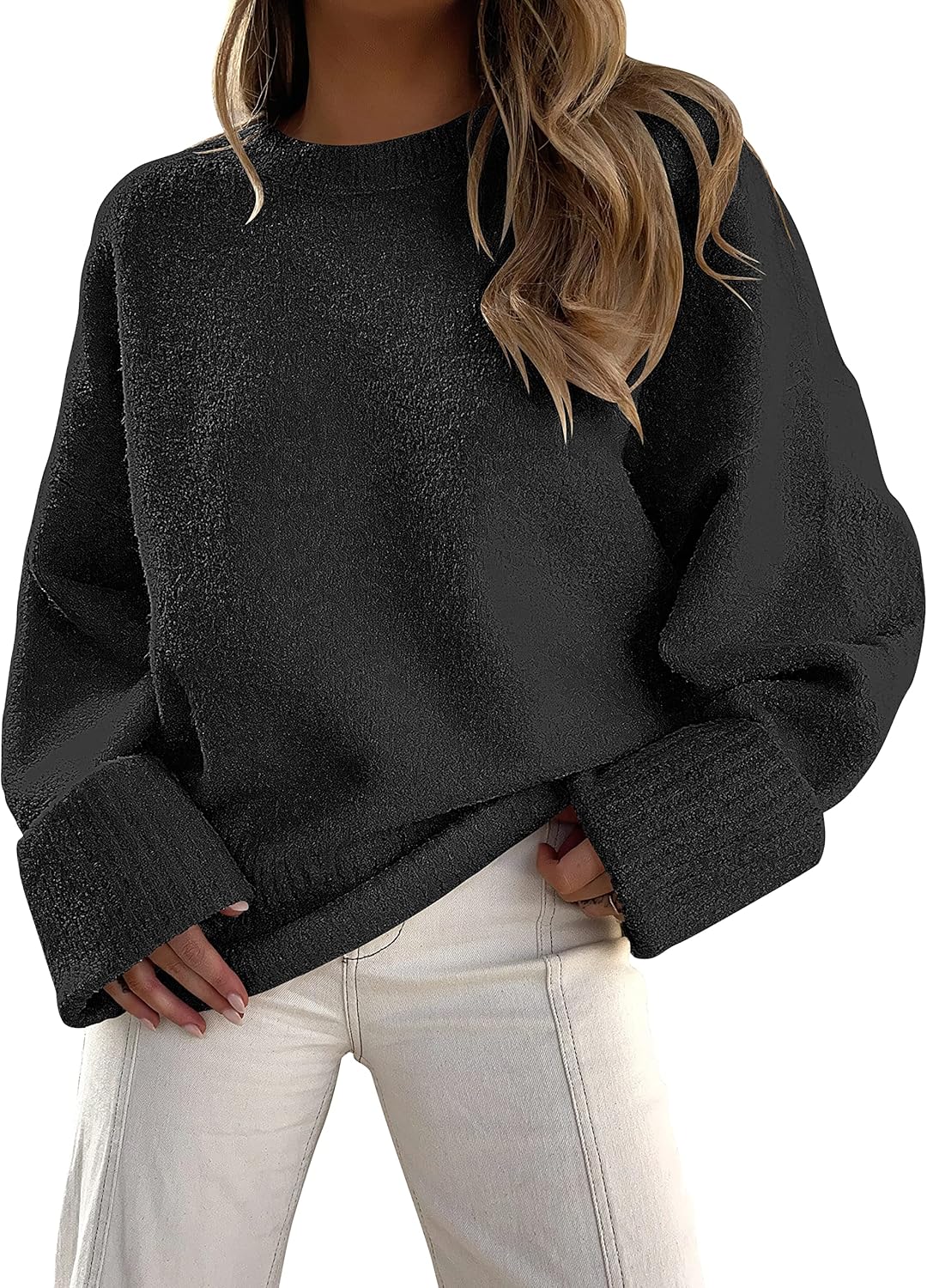 SMZ Women's Oversized Crewneck Long Sleeve Fuzzy Knit Casual Chunky Warm 2024 Fall Pullover Sweaters Top Trendy Outfits