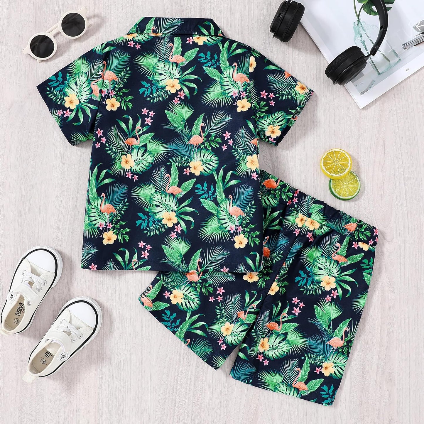 Boys Hawaiian Outfit 2Pcs Set Summer Beach Button-Down Shirt Top + Shorts for Kids 2-7 Years