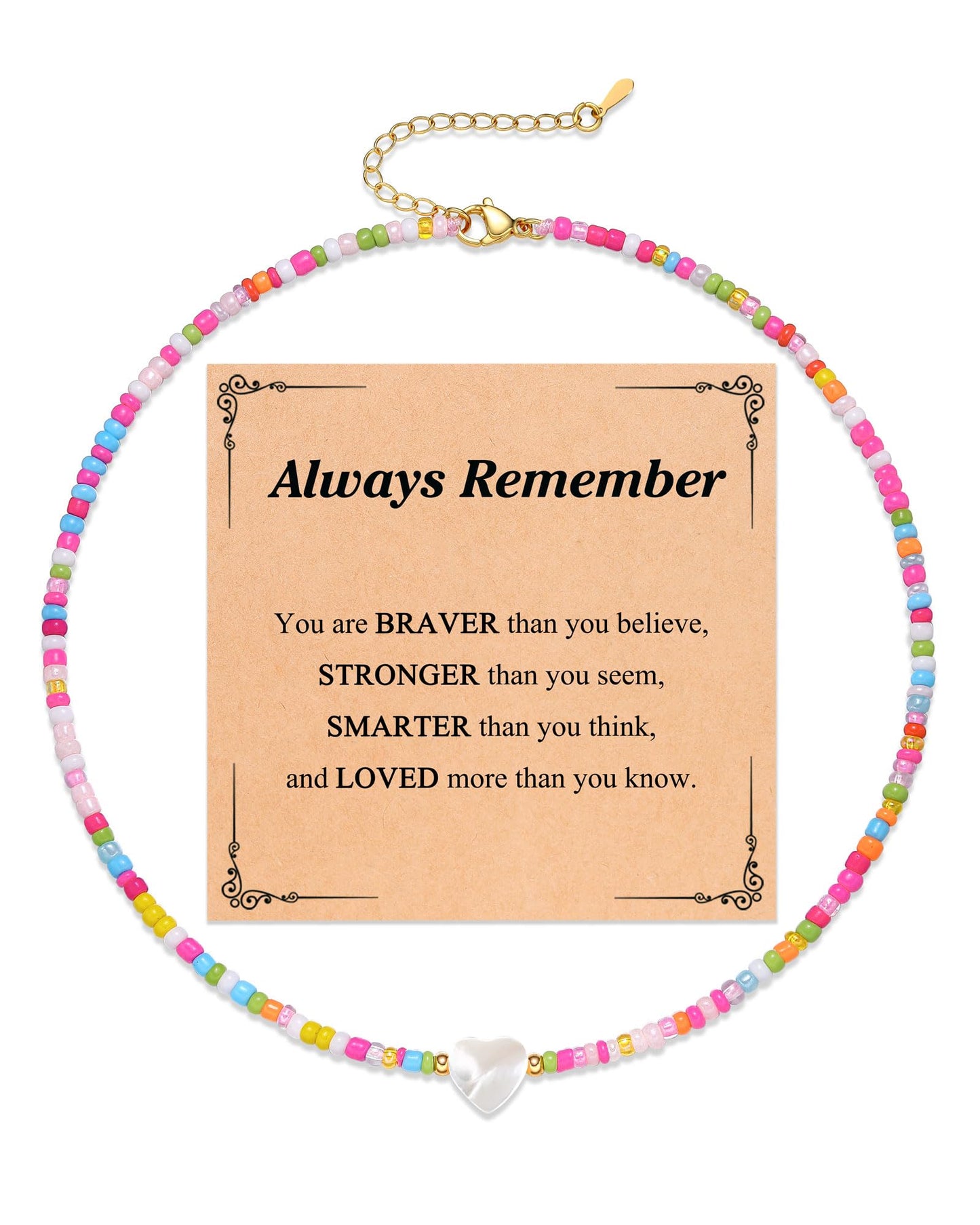You're Braver Than You Believe - Colorful Beaded Heart Necklace Back to School Birthday Christmas Valentines Day Gifts for Teens Girls