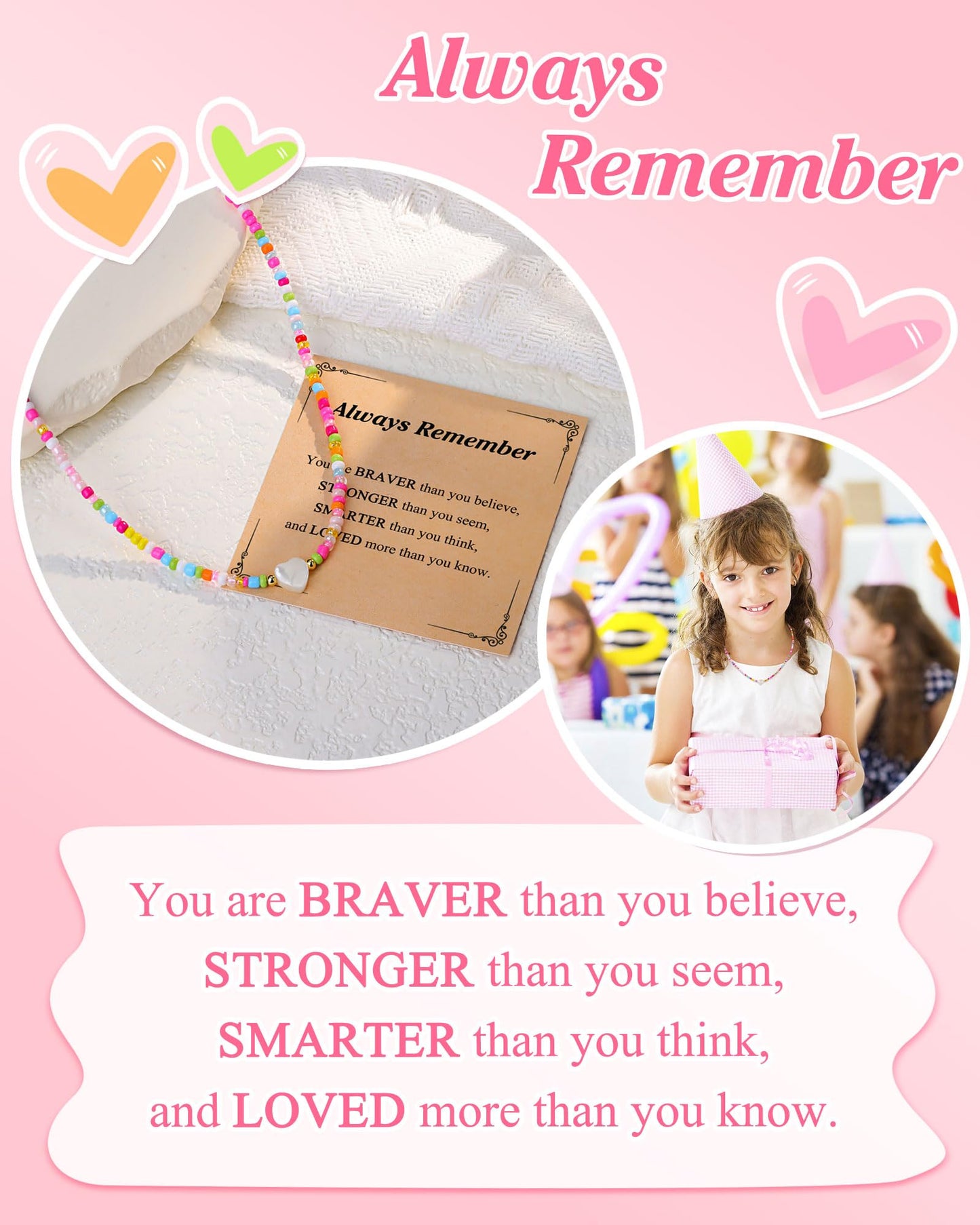 You're Braver Than You Believe - Colorful Beaded Heart Necklace Back to School Birthday Christmas Valentines Day Gifts for Teens Girls