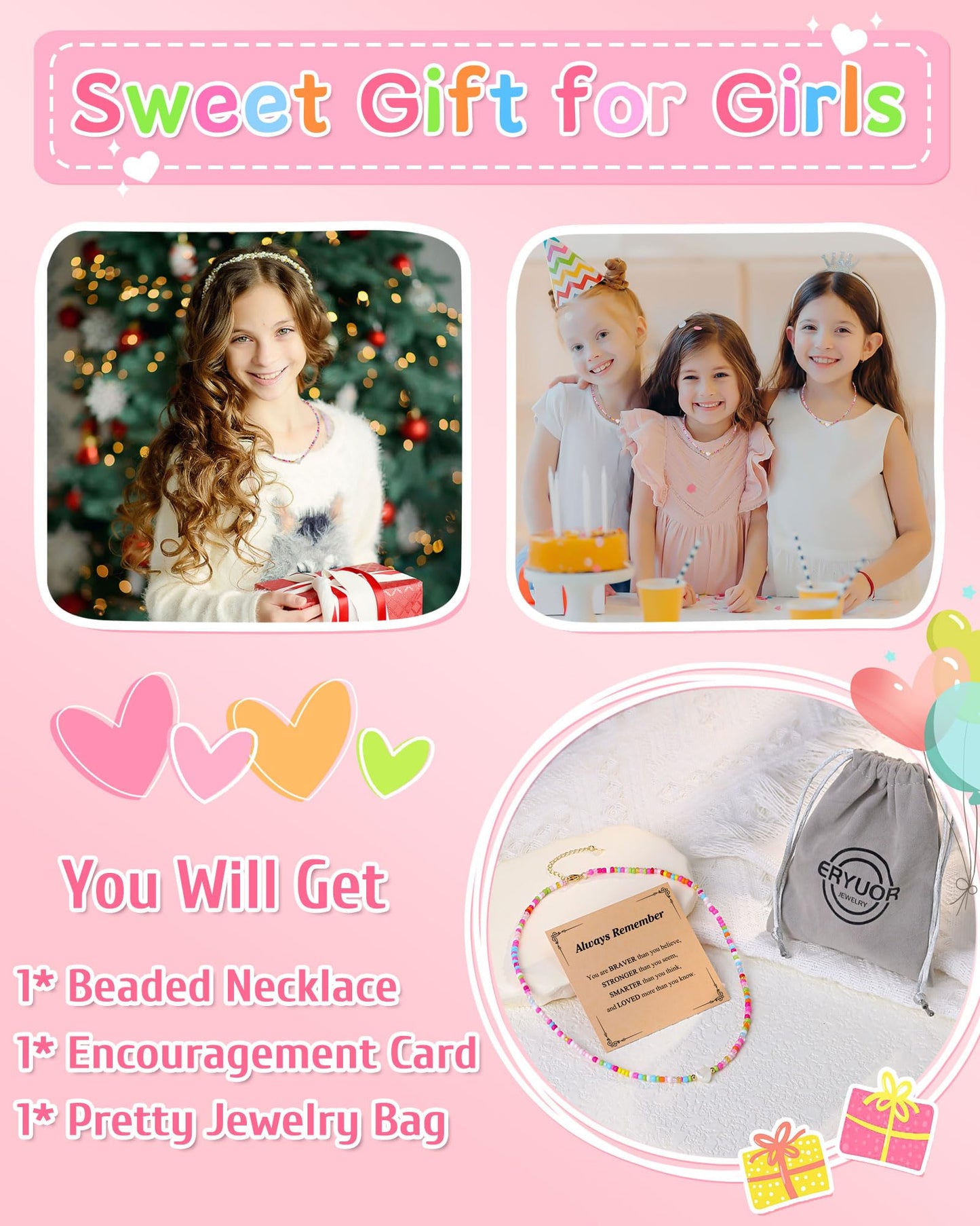 You're Braver Than You Believe - Colorful Beaded Heart Necklace Back to School Birthday Christmas Valentines Day Gifts for Teens Girls