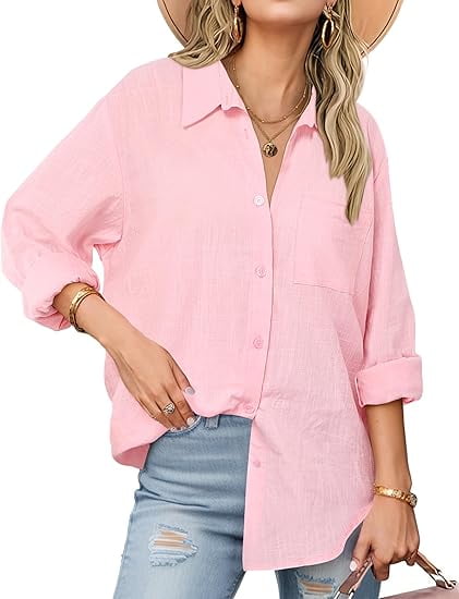 SMZ Womens Linen Button Down Shirts Long Sleeve Cotton Gauze Tops Casual Collared Blouses Loose Fit