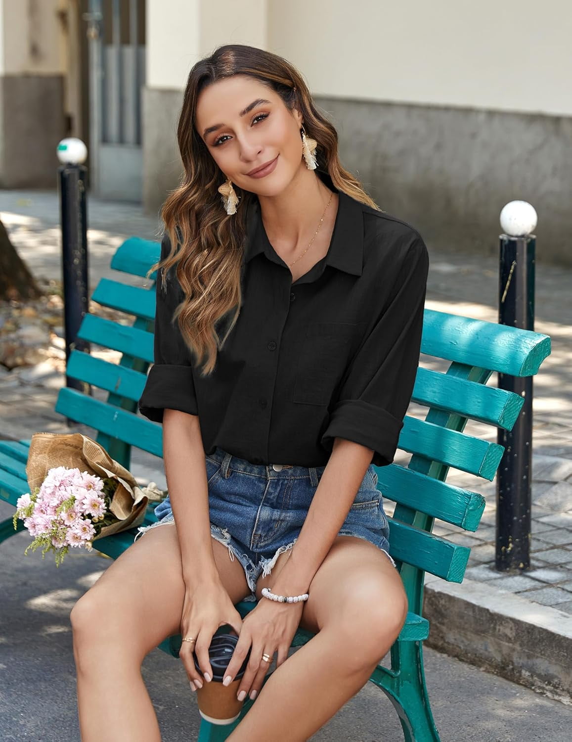 SMZ Womens Linen Button Down Shirts Long Sleeve Cotton Gauze Tops Casual Collared Blouses Loose Fit