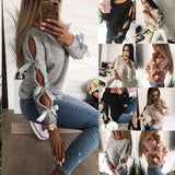 Women Casual Solid Bow Tie Pullover Loose Sweater