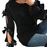 Women Casual Solid Bow Tie Pullover Loose Sweater