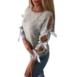 Women Casual Solid Bow Tie Pullover Loose Sweater