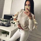 Women Casual Solid Bow Tie Pullover Loose Sweater