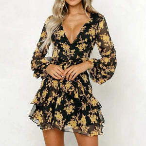 Women Floral Leaf Printed Lantern Sleeve Empire Dress