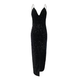 Women Deep V Sequins Wrap Ruched Sleeveless  Dress