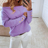 Women Slash Neck Solid Knit Sweater