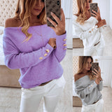 Women Slash Neck Solid Knit Sweater