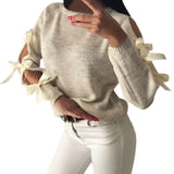 Women Casual Solid Bow Tie Pullover Loose Sweater