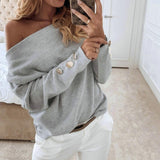 Women Slash Neck Solid Knit Sweater