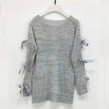 Women Casual Solid Bow Tie Pullover Loose Sweater