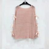 Women Casual Solid Bow Tie Pullover Loose Sweater