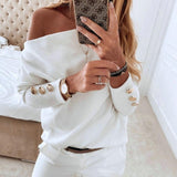 Women Slash Neck Solid Knit Sweater